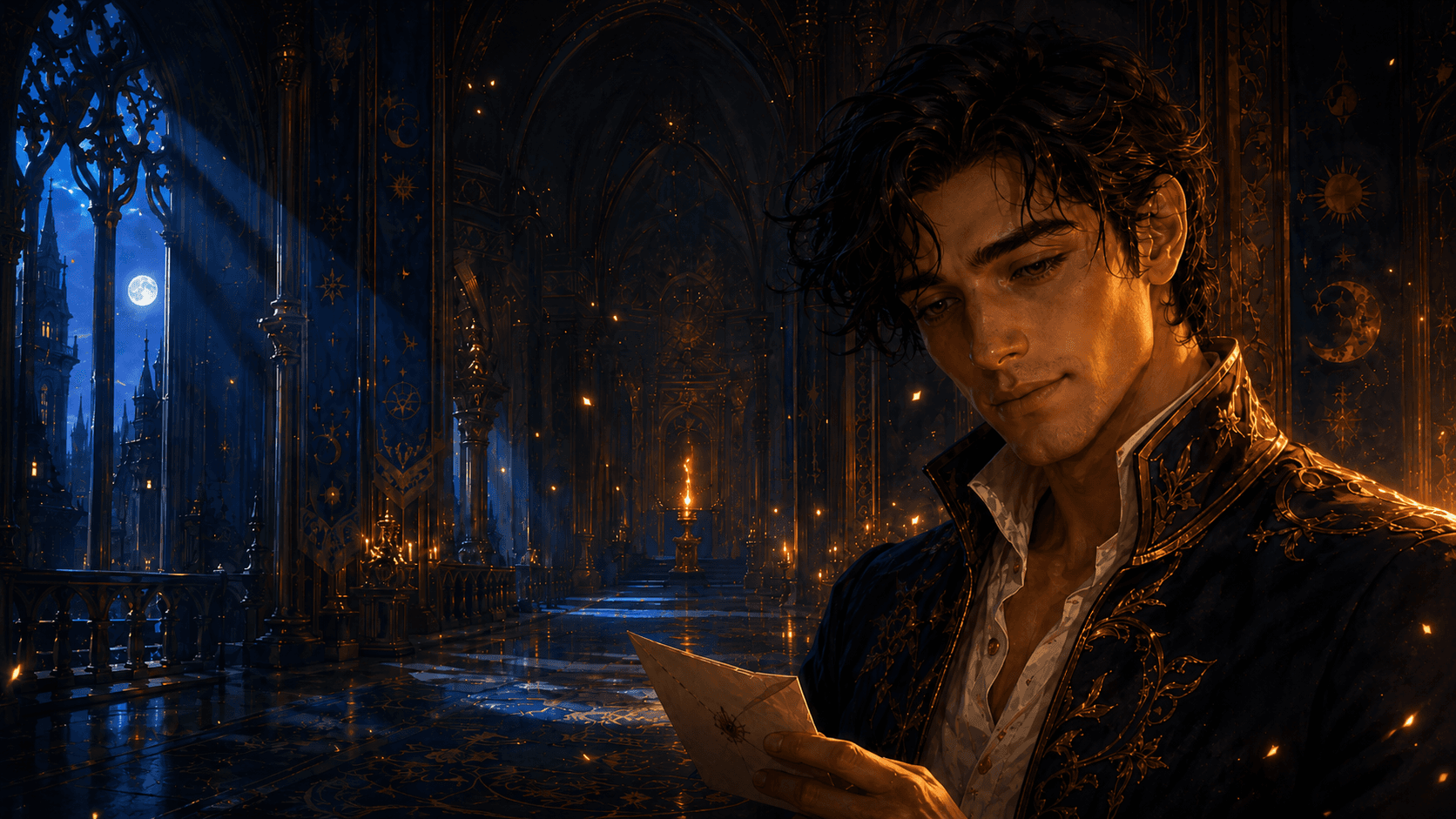 Court of Embers — Cassian, candlelit, in the palace